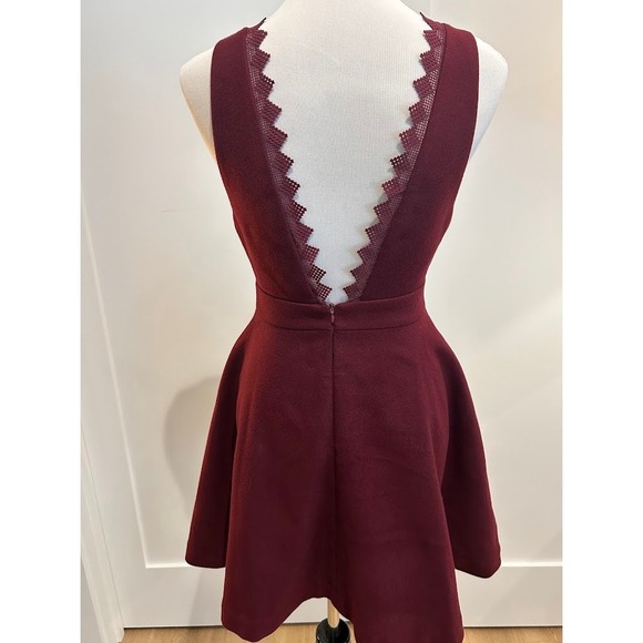 Burgundy Plunge V Neck Lace Trim Wool Dress Women's Schoolgirl Anime - Picture 2 of 9